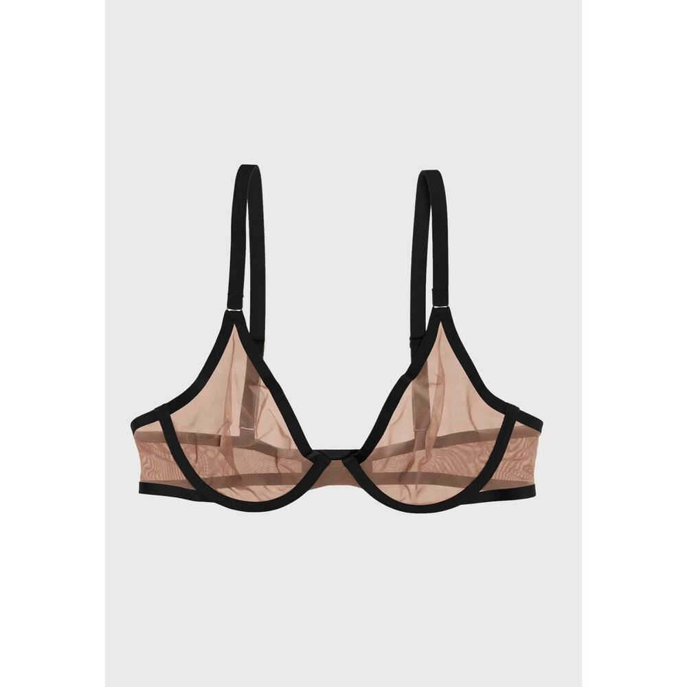 Cuup The Plunge Bra Sheer Unlined Mesh in Taupe with Contrast Black Trim 34C